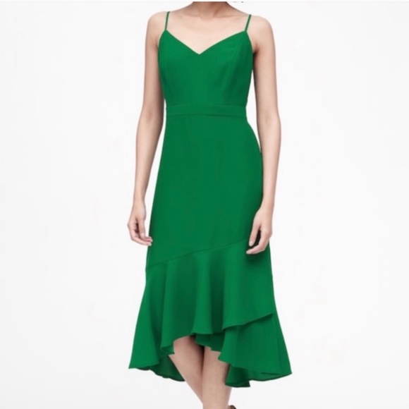 NWT Banana Republic Kelly Green Midi Strappy V Neck Ruffle High Low Hem Size 2 - Picture 1 of 6